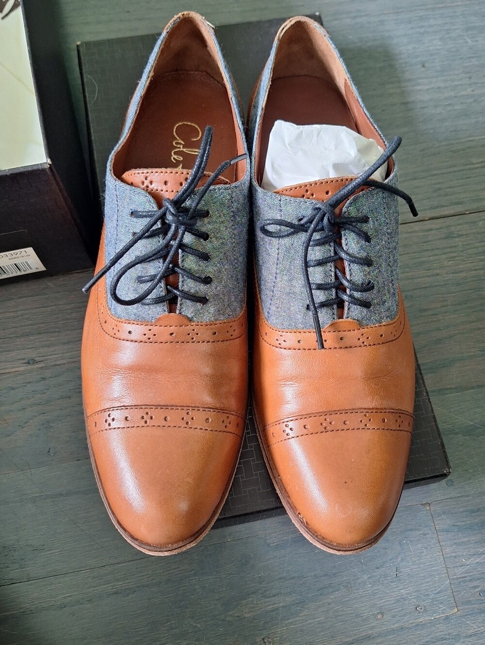 Cole Haan Like Womens Tan Leather Grey Fabric Brogue Oxford Shoes D33971 Sz 7 B